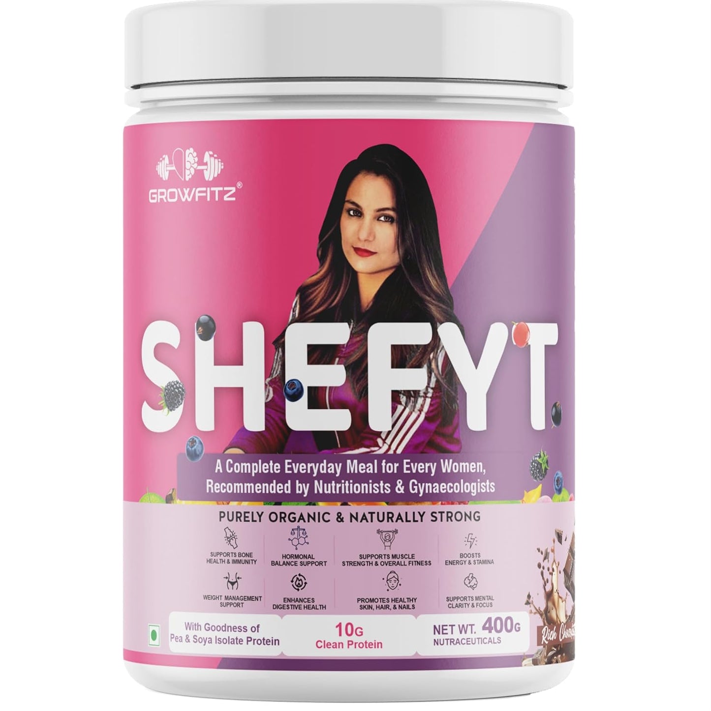 Growfitz 100% Natural Plant Protein Rich Meal Replacement Shake 400g | 12g Protein per Serving, 50+Powerful Herbs, Supports Weight Management, Energy, Immunity & Wellness Low Fat for Women, Chocolate
