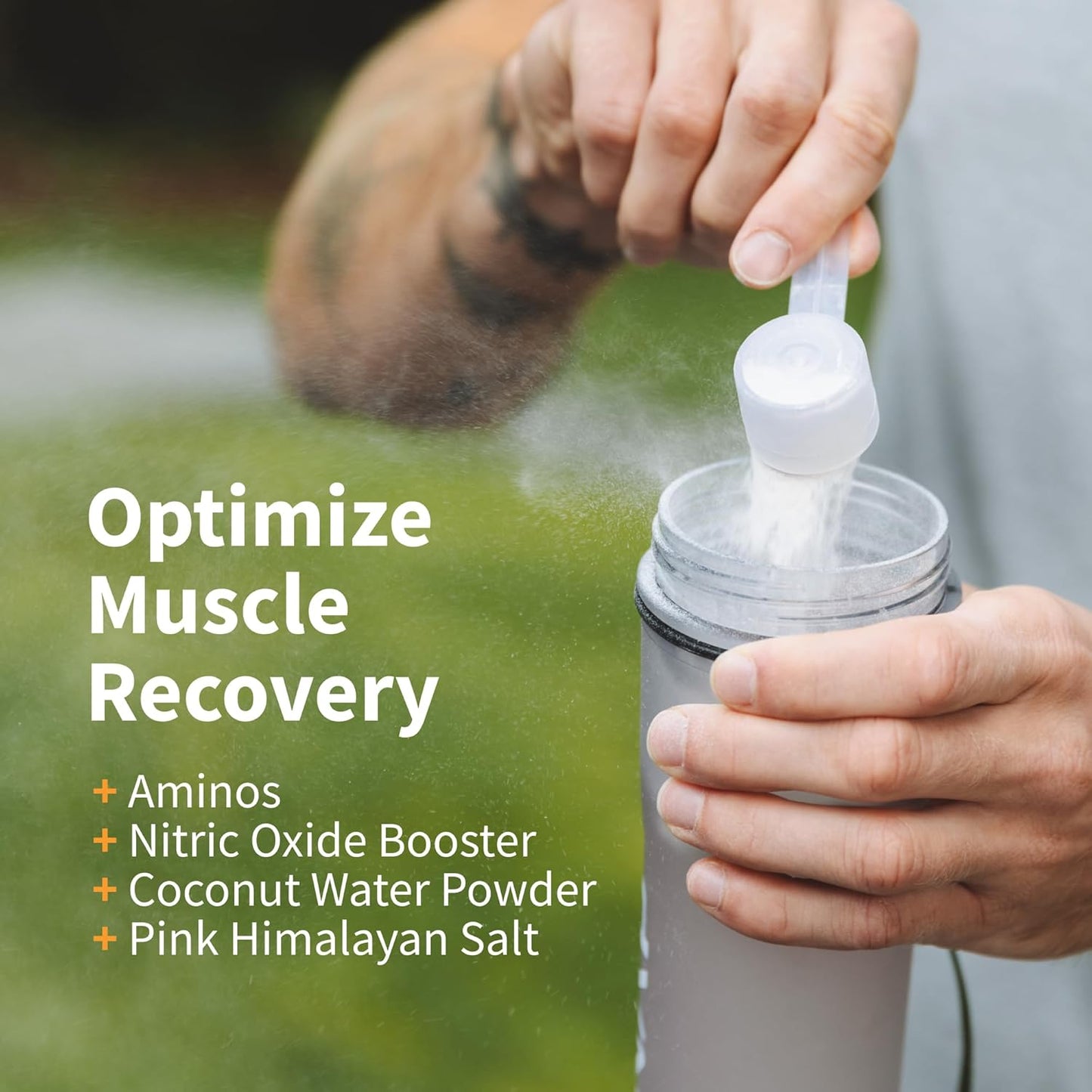 Person adding a scoop of powder to a container with text about optimizing muscle recovery.