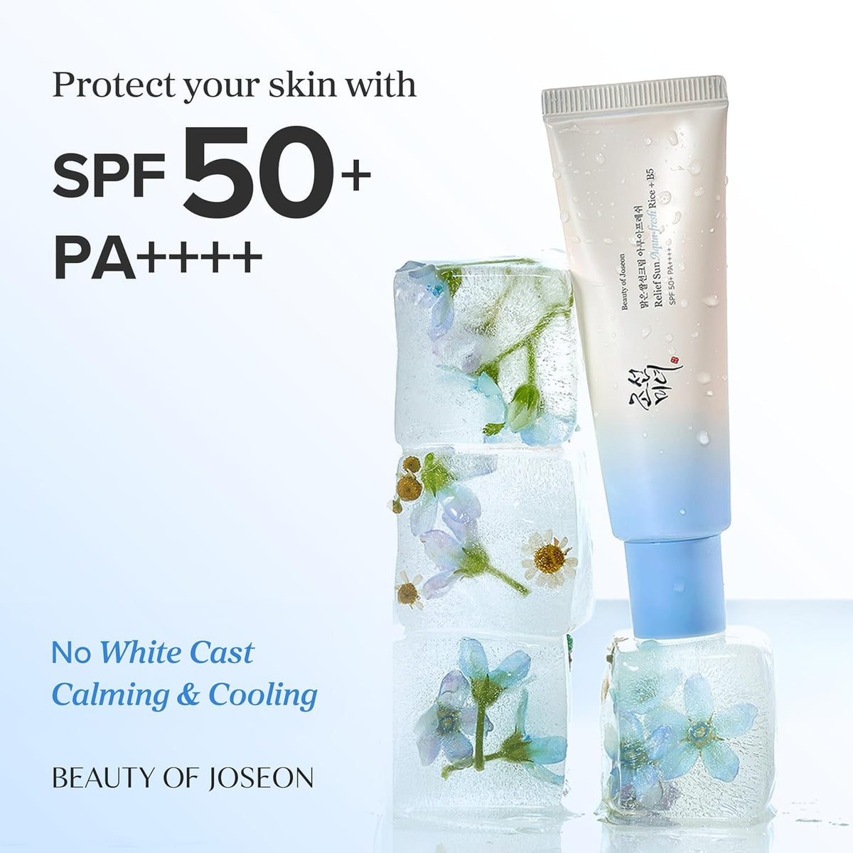 Skincare products with floral design and SPF 50+ text on a white background