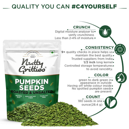 Nutty Gritties Roasted Unsalted Pumpkin Seeds 200g | Fibre-Rich Superfood | Healthy Snack for Eating