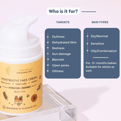 Little Rituals Baby POST-BIOTIC FACE CREAM - HYDRATION + RADIANCE Formulated with best plant botanical - Golden Millets, Jojoba, and Calendula, Natural, Organic, Dermat tested, SWISS Technology -30 gm