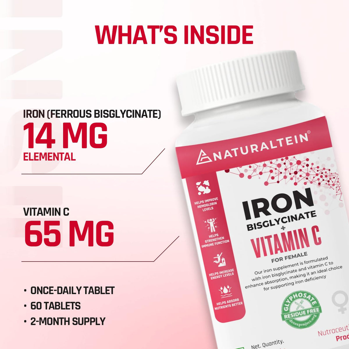 Bottle of Naturaltein Iron Bisglycinate + Vitamin C supplement with nutritional information on a white background.
