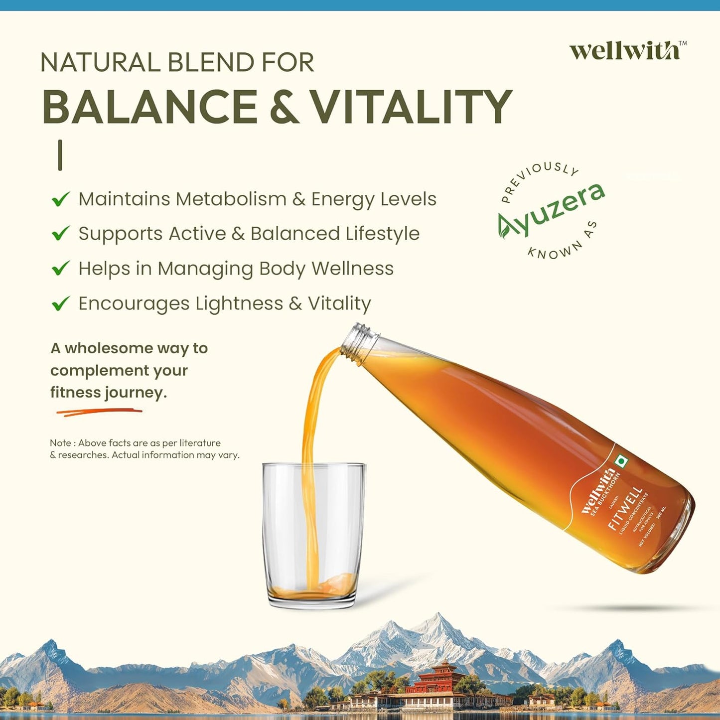 Wellwith Sea Buckthorn Fitwin(Fitwell) Juice 300ml | Makes 50 Glasses | Natural Vitamin C, Omega 3 6 7 9, Antioxidants | Immunity, Skin Glow & Gut Health Support | Herbal Juice Supplement