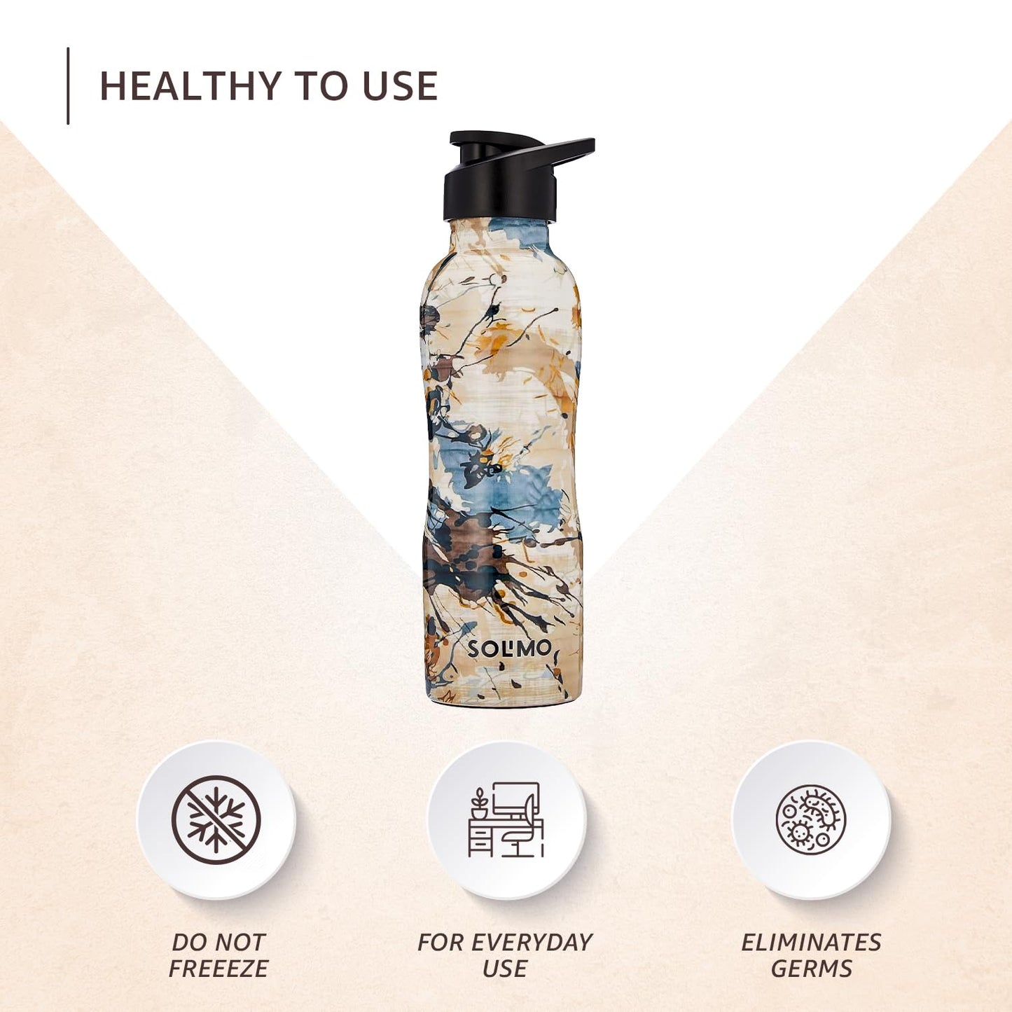 Soluvo water bottle with a floral design on a beige background, featuring text about product use.