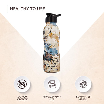Soluvo water bottle with a floral design on a beige background, featuring text about product use.