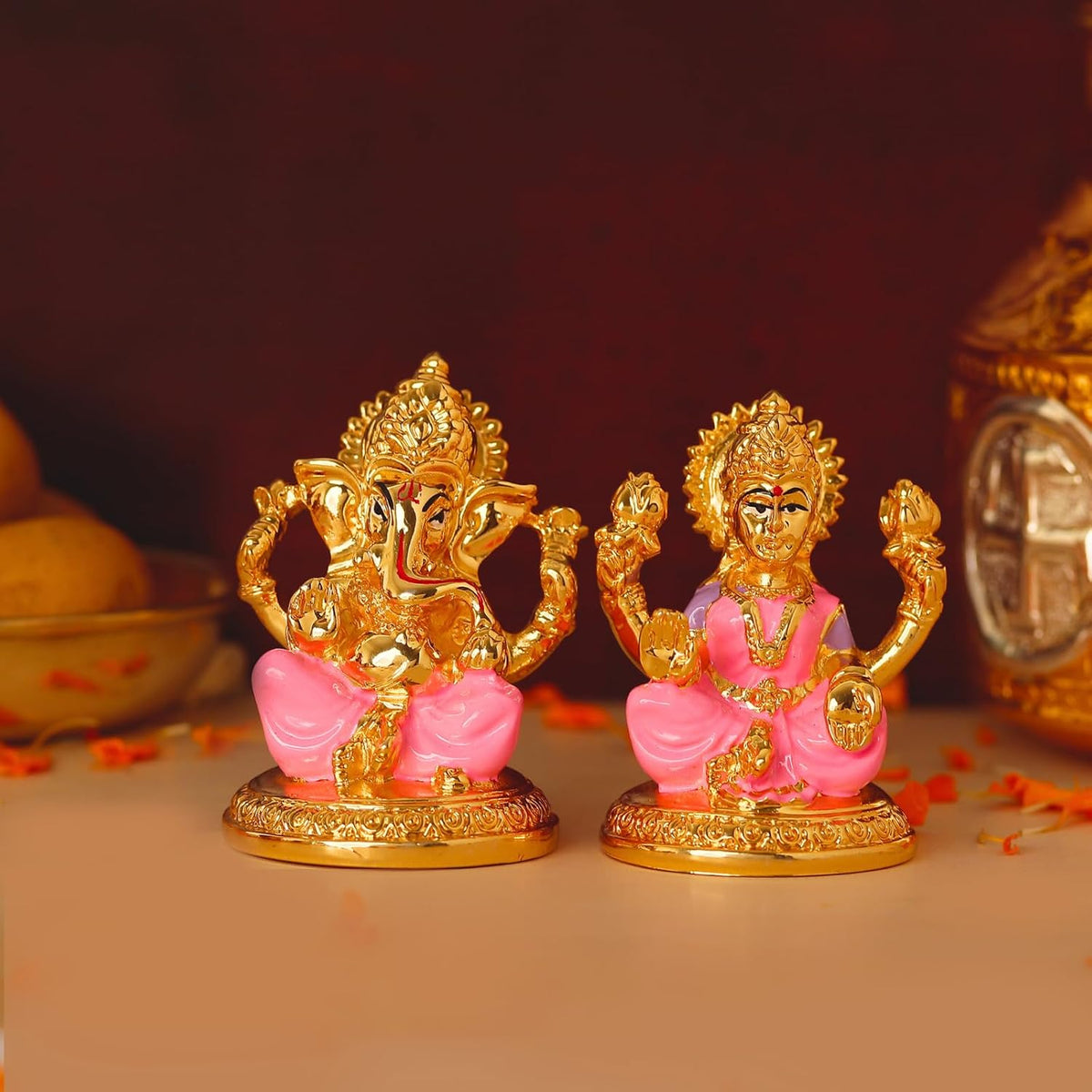 Gold Plated Laxmi Ganesh Idols for Pooja Room, Car Dashboard, Gifting, Table and Home Decor - Resin - 3x2 Inches (Pink)