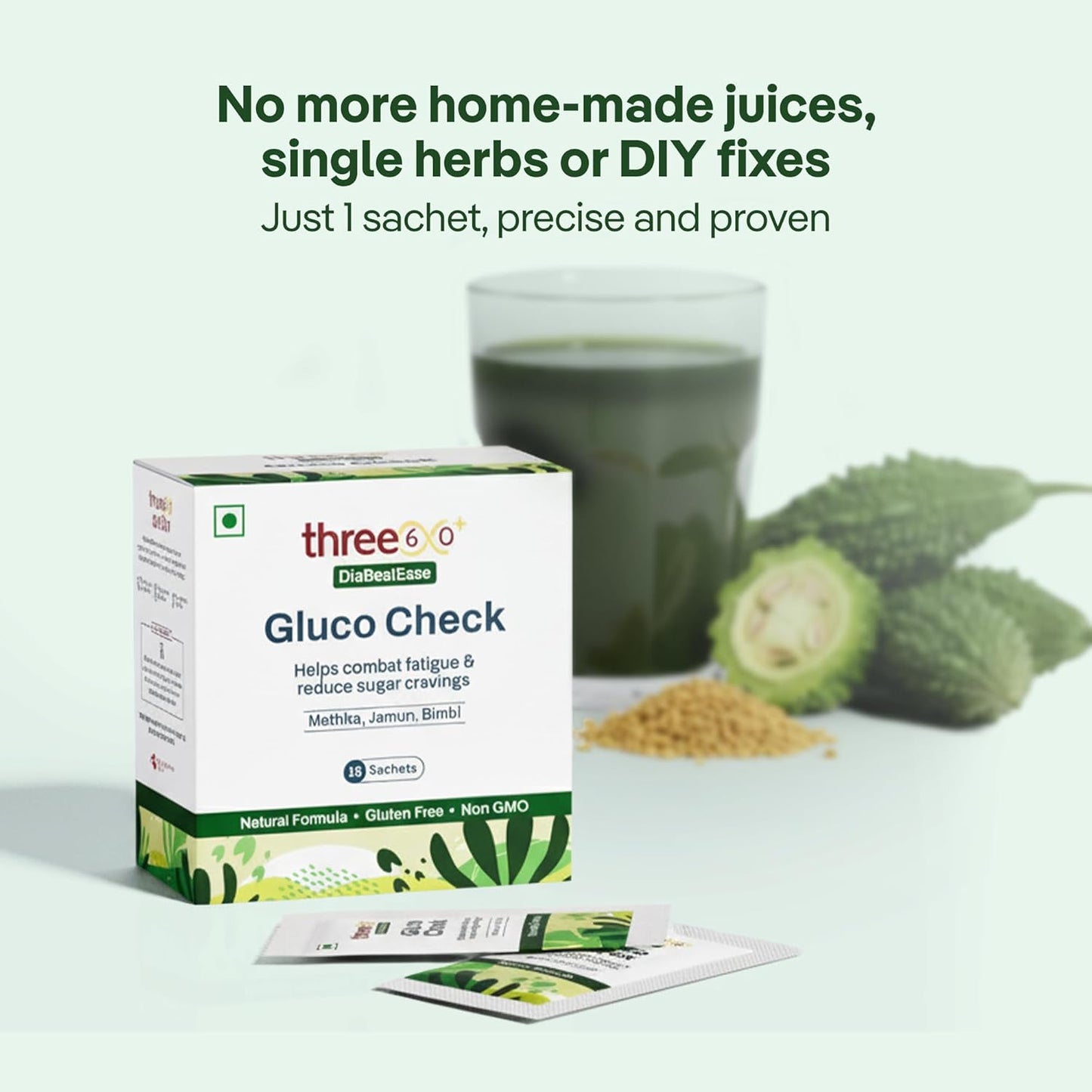 three60+ Gluco Check Powder | Diabetic Care & Diabetes Control Powder | Clinically Proven Diabetic Supplement for Blood Sugar Level | Better than Juice with Only Jamun, Karela | Natural, Non-GMO, Gluten Free | 15 Sachets | 15 Day Pack (Pack of 1)