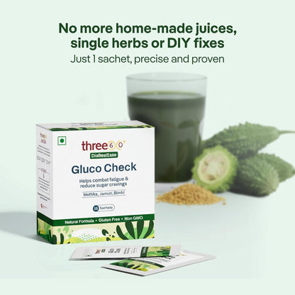 three60+ Gluco Check Powder | Diabetic Care & Diabetes Control Powder | Clinically Proven Diabetic Supplement for Blood Sugar Level | Better than Juice with Only Jamun, Karela | Natural, Non-GMO, Gluten Free | 15 Sachets | 15 Day Pack (Pack of 1)