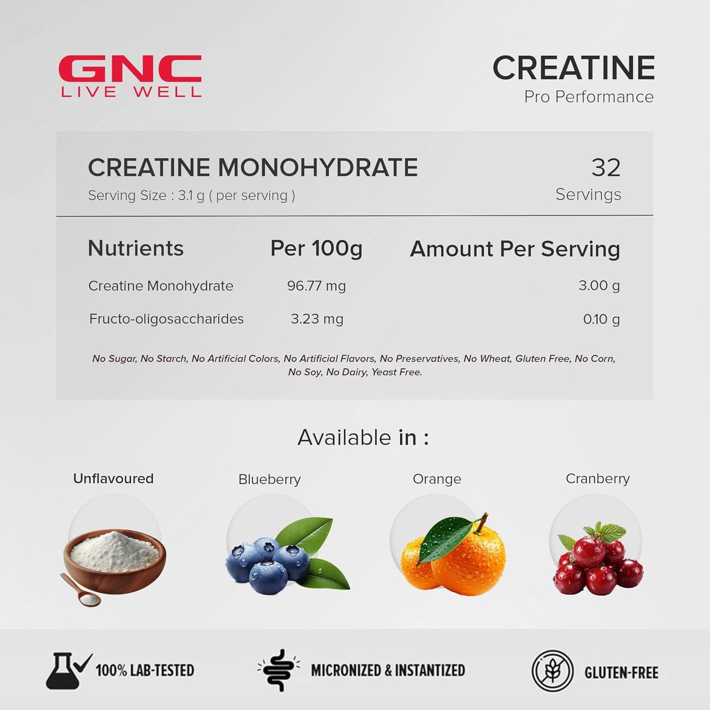 GNC Creatine Monohydrate supplement label with nutritional information and flavor options.