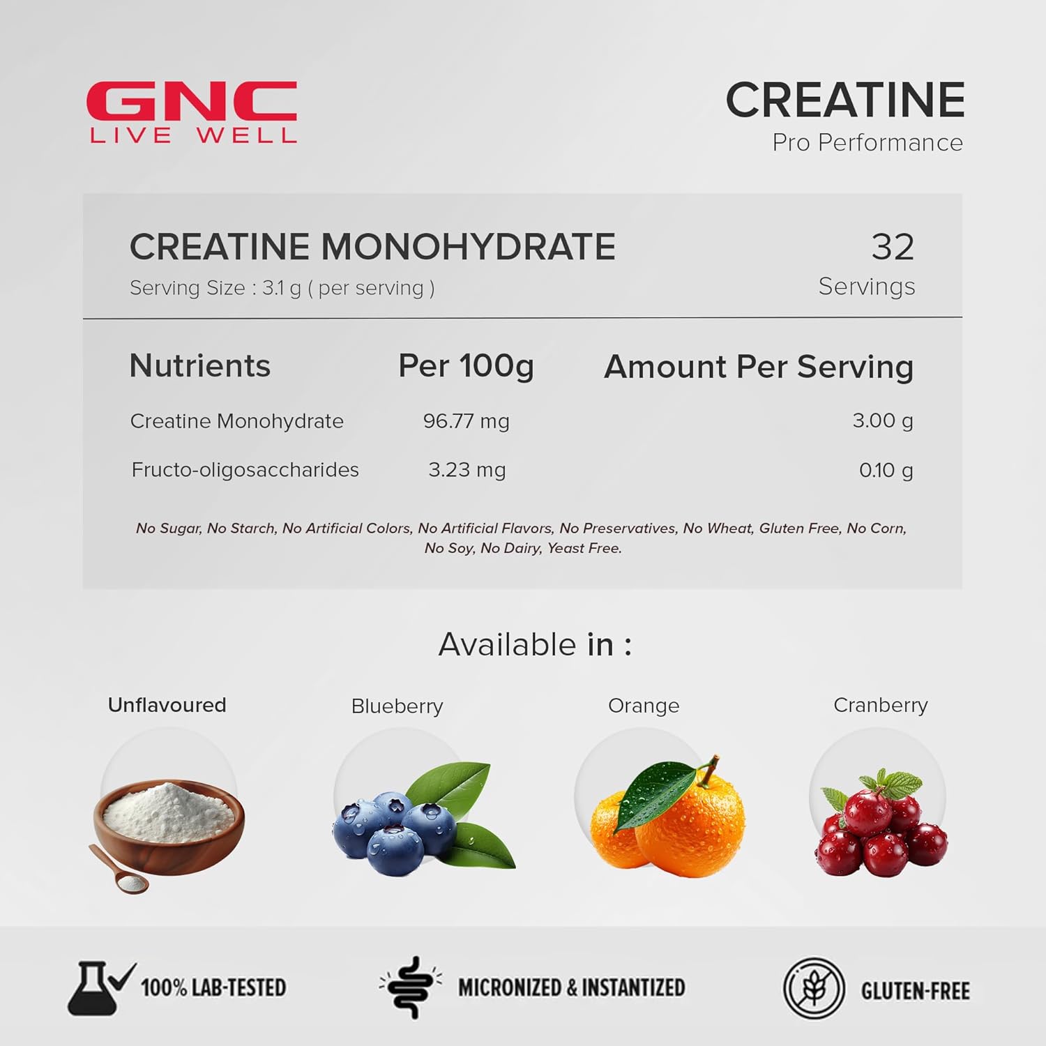 GNC Creatine Monohydrate supplement label with nutritional information and flavor options.