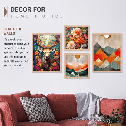 Premium Digital Paintings with Frame for Home Decoration - Painting for Living Room Bedroom Office - Painting for Wall Decoration - Pack of 4 (F)
