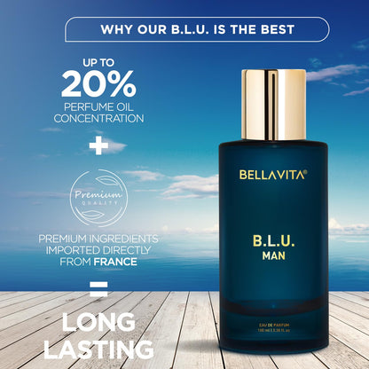 Bellavita B.L.U. Man perfume bottle with promotional text on a scenic background