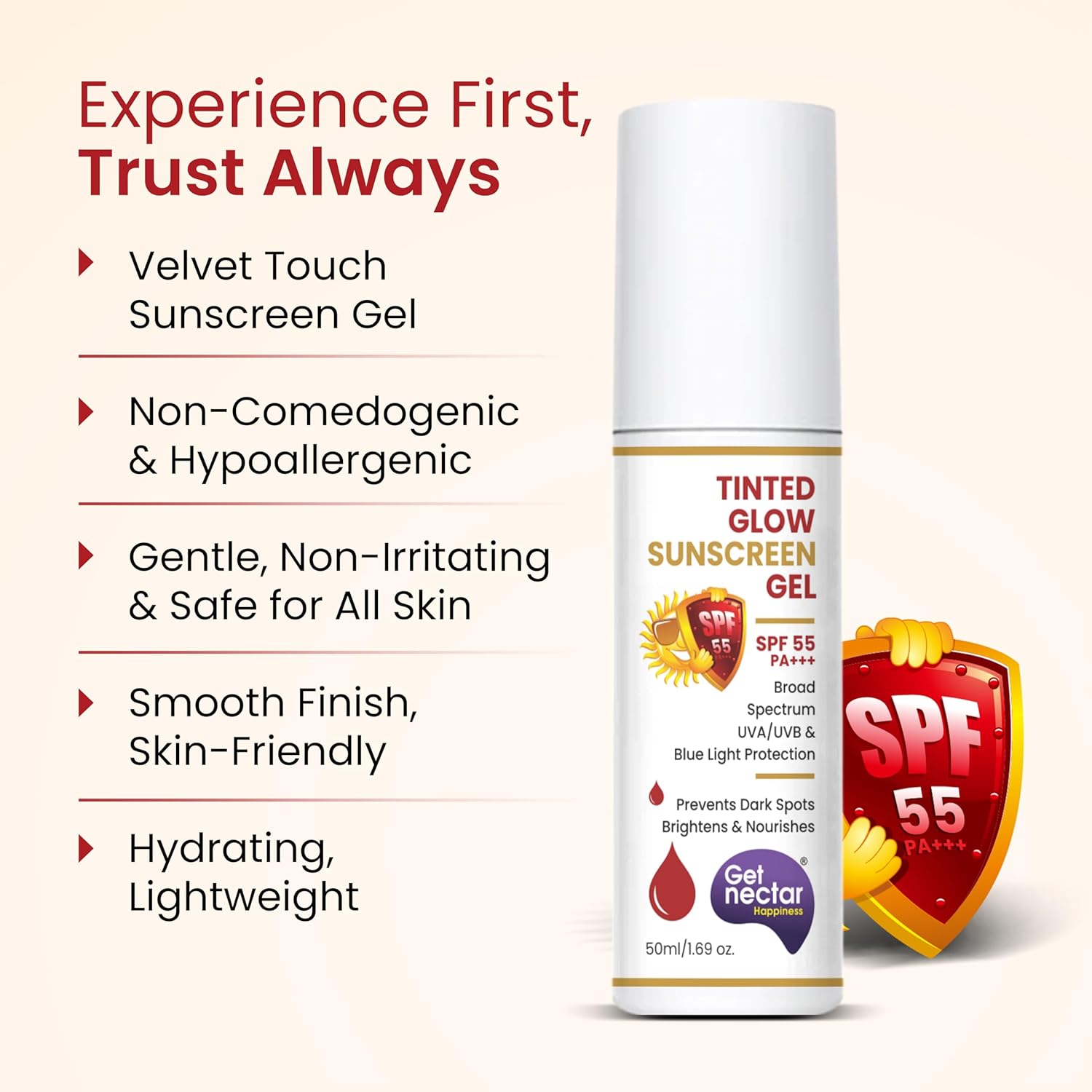 Tinted glow sunscreen gel with SPF 55 on a beige background