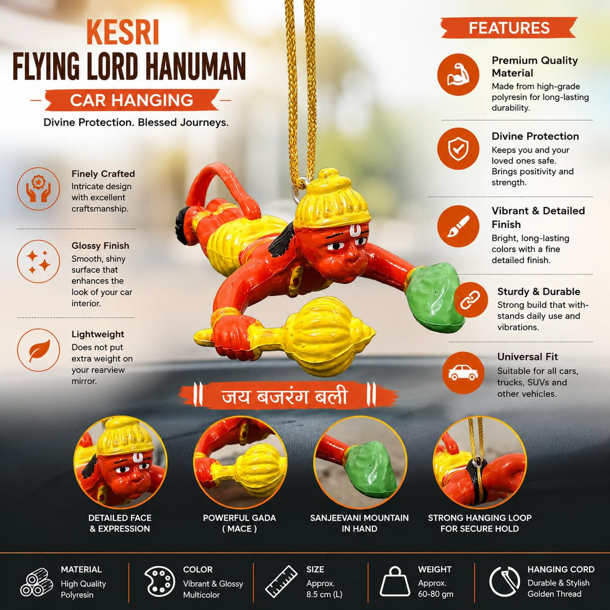 B.R STORE Flying Lord Hanuman Hanging Idol | Bajrangbali Decorative Showpiece with Thread | Religious Car Hanging & Home Temple Dcor | Hindu God Hanuman Murti