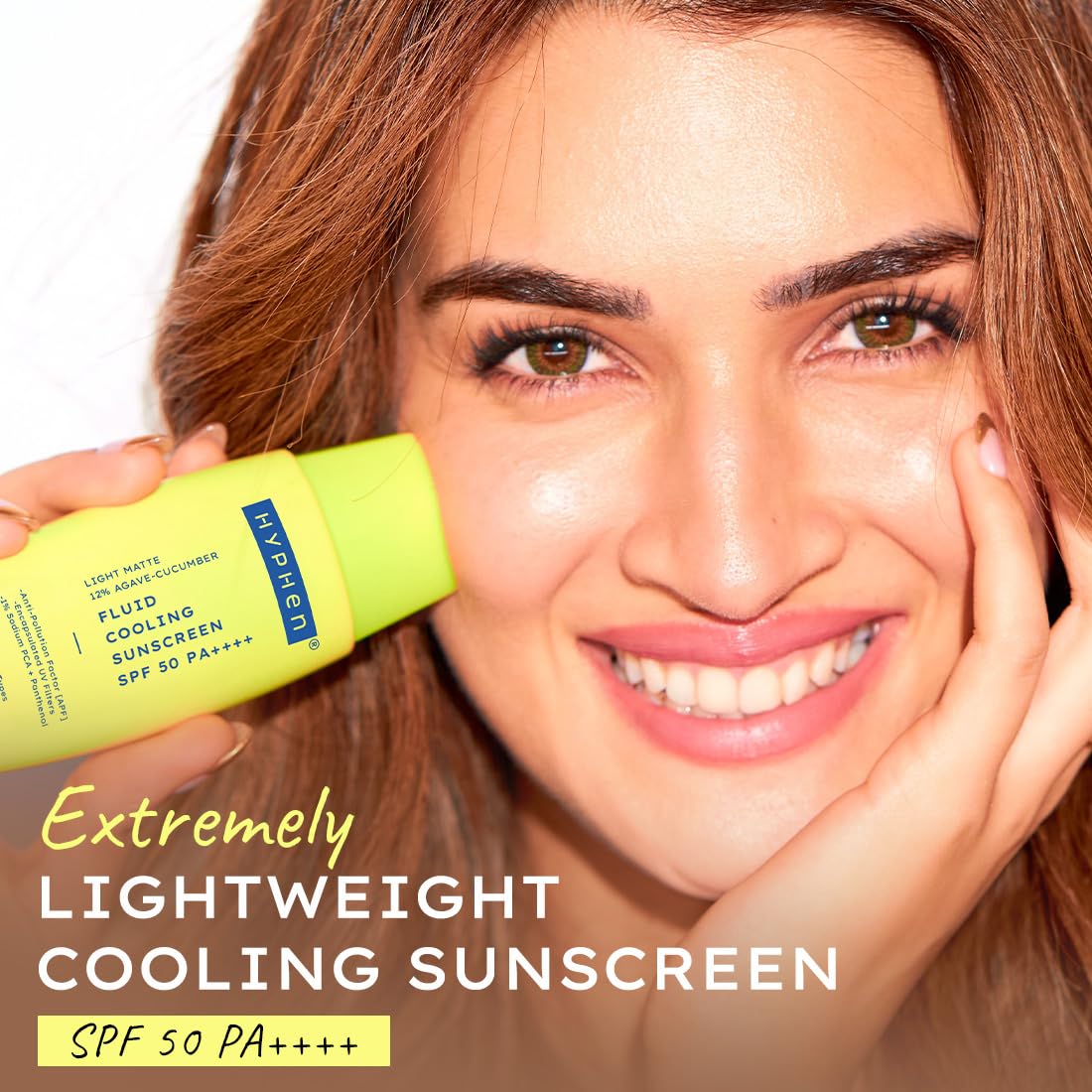 Woman applying sunscreen with a bottle labeled 'Hypuer' on a white background
