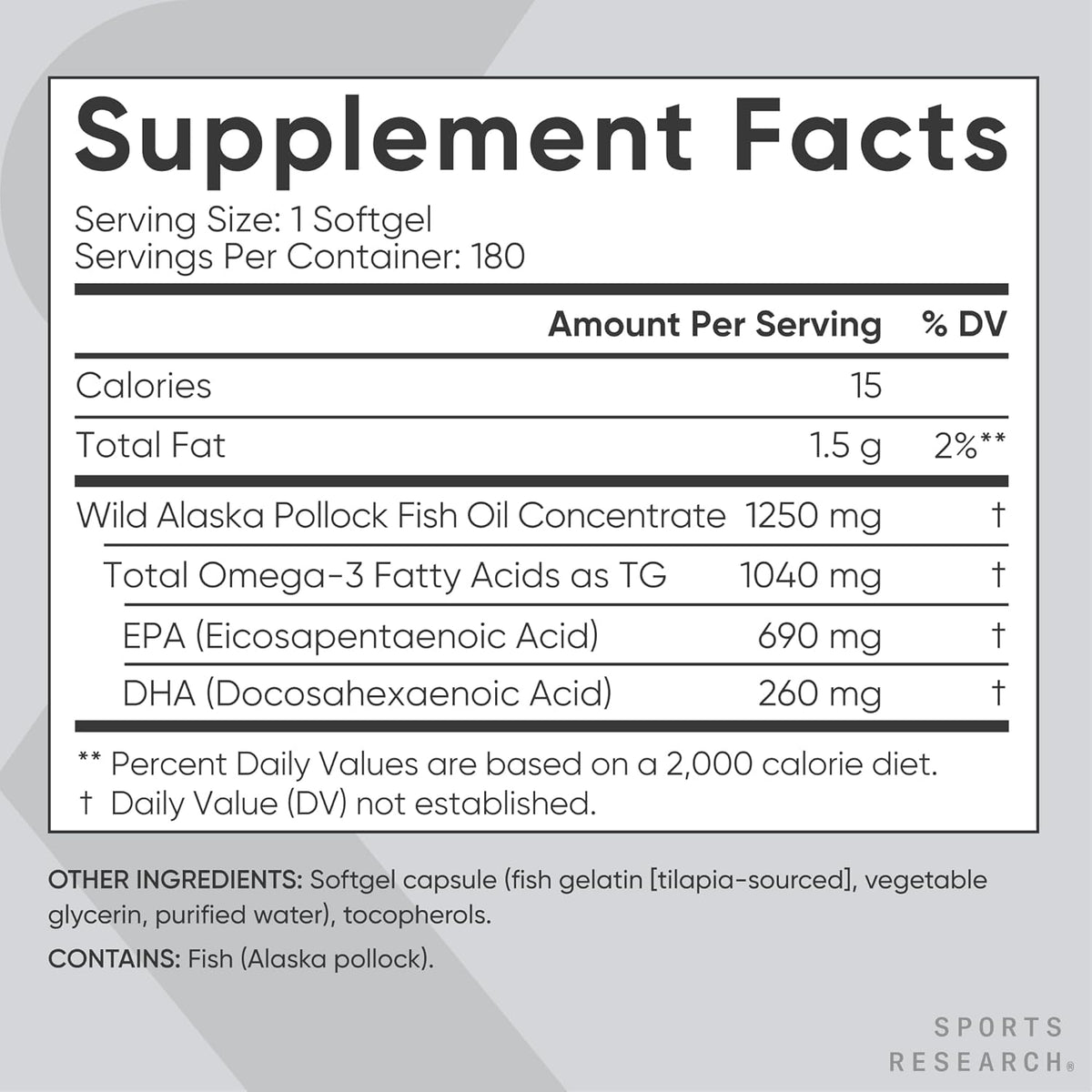 Supplement facts label for a fish oil supplement on a gray background