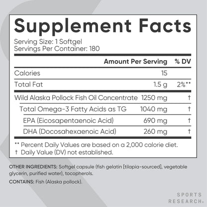 Supplement facts label for a fish oil supplement on a gray background