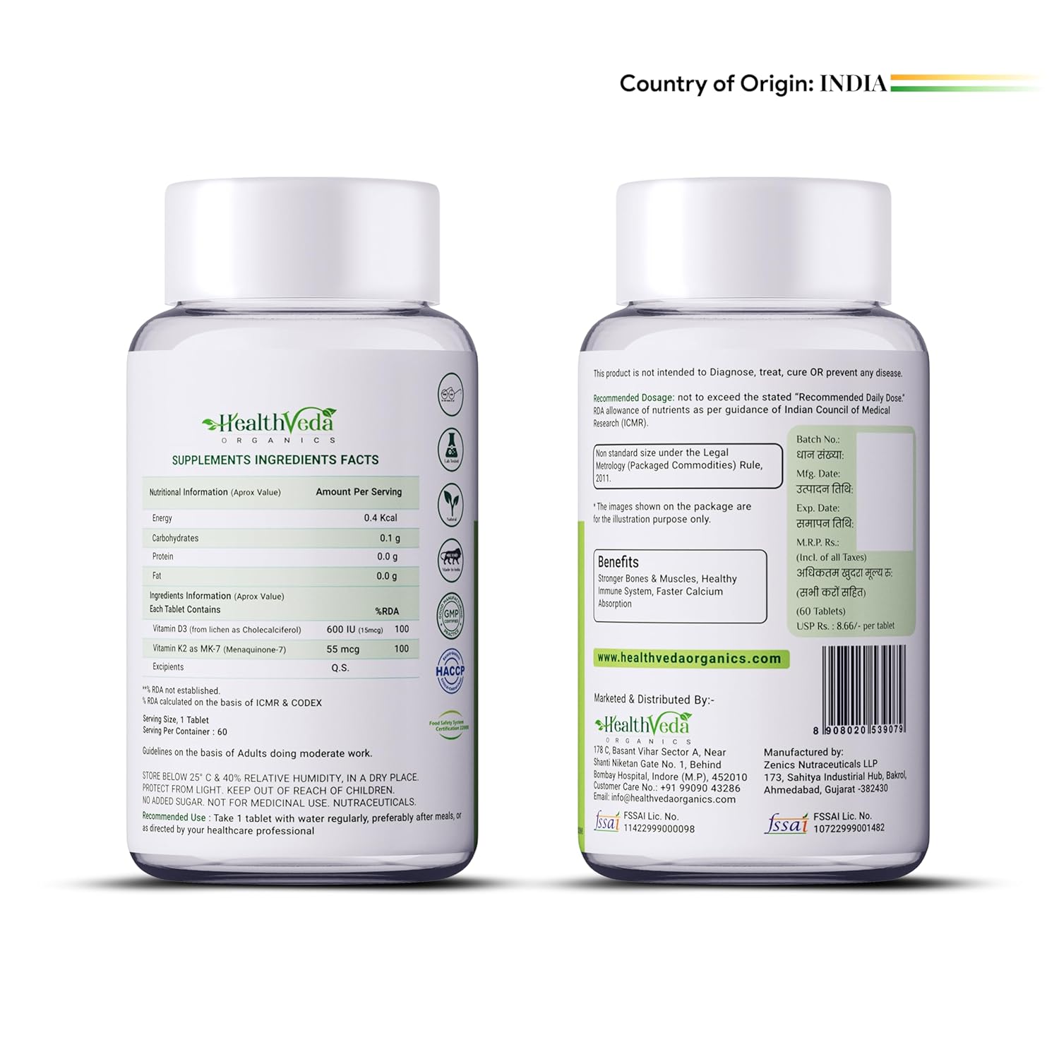 Zephivo HEALTH VEDA ORGANICS PRIVATE LIMITED Vitamin D3 (600 IU) + Vitamin K2 as Mk7 (55Mcg) | 60 Veg Tablets | Supports Healthy Bones, Boosts Immune System | For Men & Women