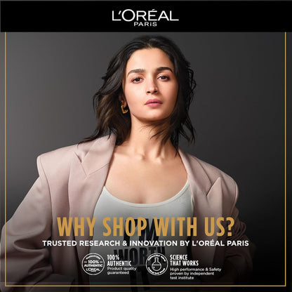 L'Oreal Paris advertisement with a woman in a suit jacket and gray top against a dark background.