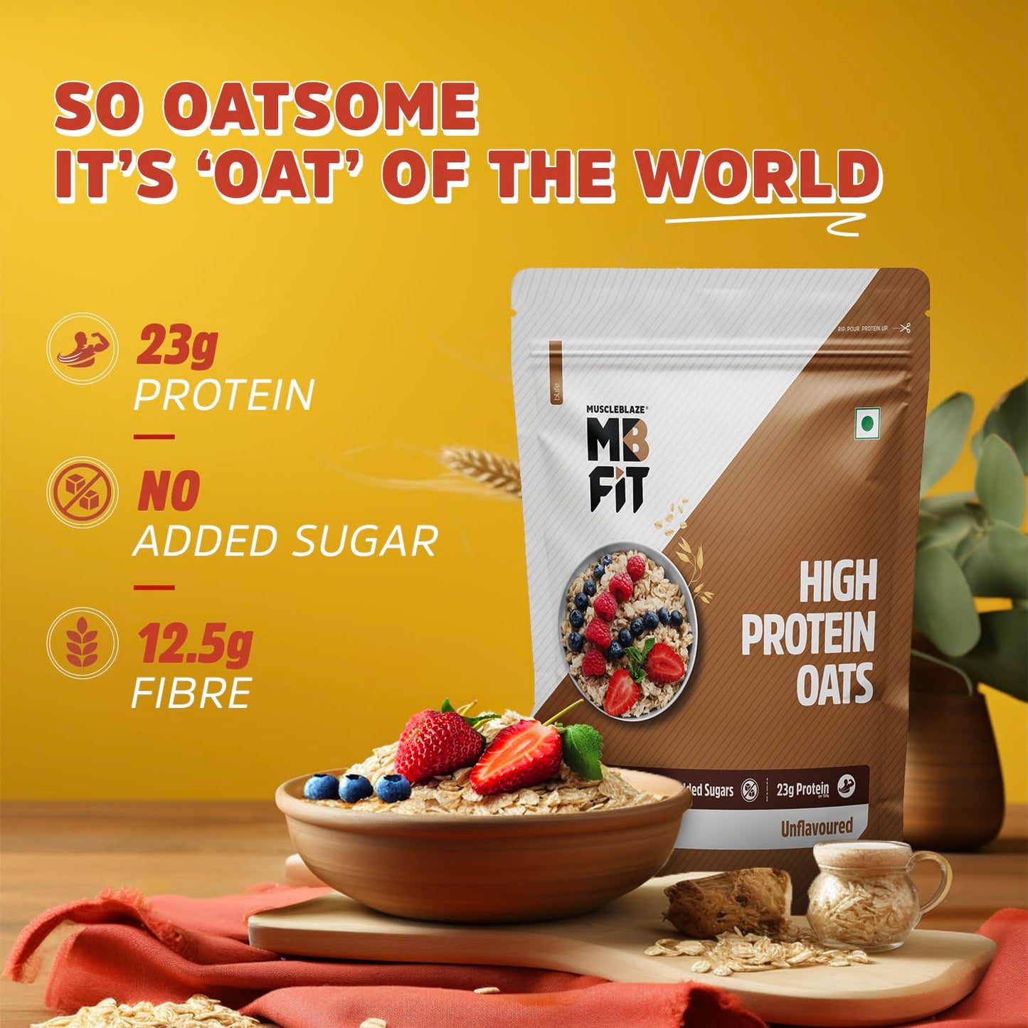 MuscleBlaze Fit High Protein Oats (Unflavoured, 1kg) | 23g Protein | Breakfast Cereals for Weight Management