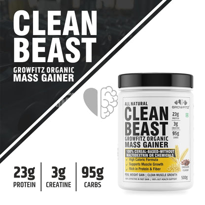 Growfitz All Natural Clean Beast Mass & Weight Gainer 500gram | 23g High Protein | Cereals Based | Support Muscle Growth | 95g Carbs & 3g Creatine | 666 Calories With Vitamins & Minerals | Chocolate Flavour