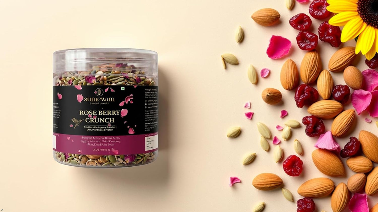 Sumewam Jaggery Roasted Seed/Trail Mix 250gm For Eating - Rose Berry Crunch, Roasted Pumpkin Seeds, Sunflower Seeds & Berries Mix with Jaggery, Almonds & Dried Rose Petals, High Plant Protein Healthy Snack