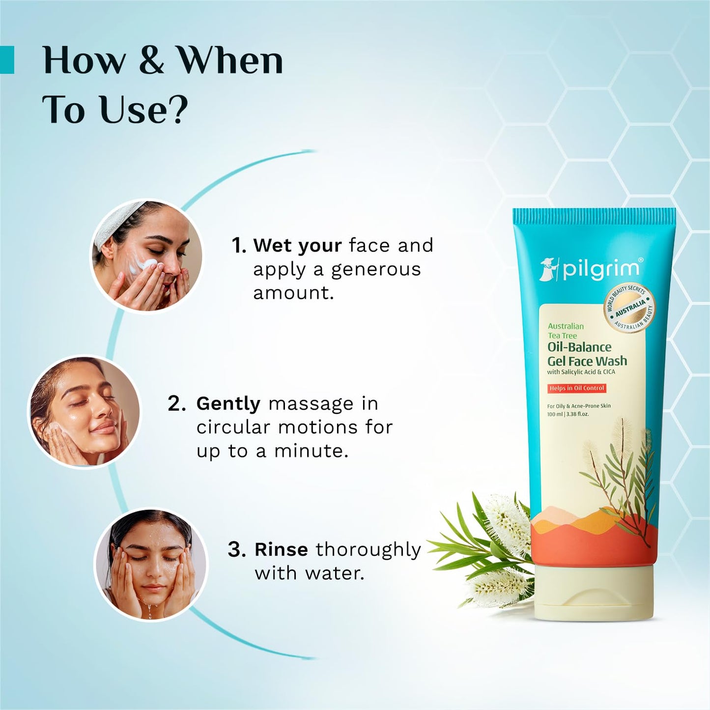 Pilgrim 1% Salicylic Acid Gel Face Wash 100 ml | Gel Face Wash with CICA & Tea Tree For Men & Women, for Oily skin, Acne Prone Skin, Non Drying Cleanser for Face
