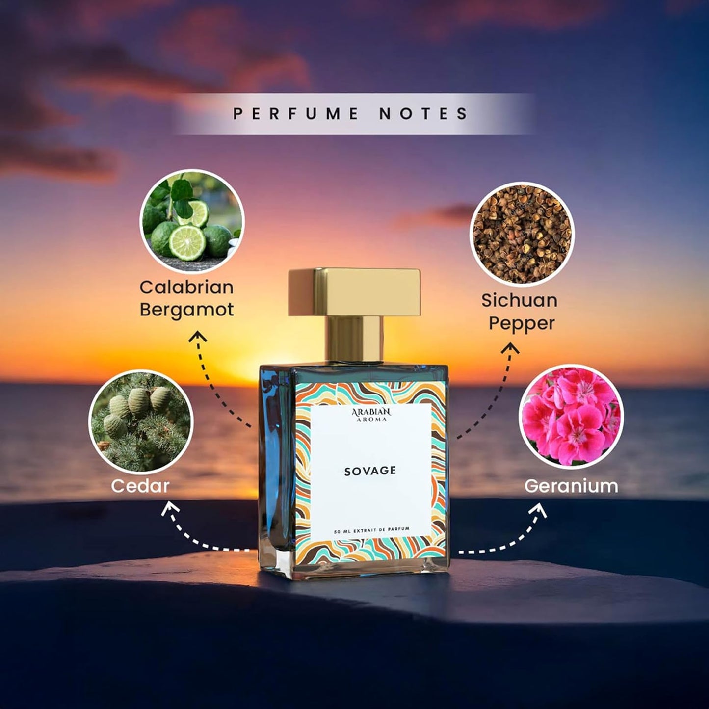 Perfume bottle with 'Savage' label and perfume notes on a scenic background