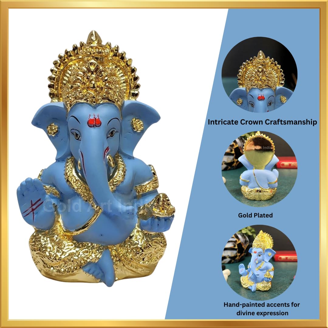 Gold Art India Gold Plated Ganesha with Terracotta Colour - Perfect for Car Dashboards, Office & Home Shelves, Diwali Puja, and Gifting (MukutGoldBlue 3.5"), Idol