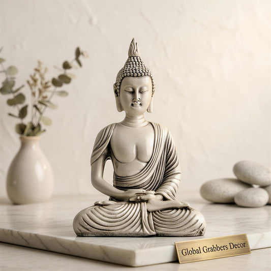 New Sitting Meditating Buddha Statue showpiece Idol Home Decor Items for Living Room and Gifts (Antique White)