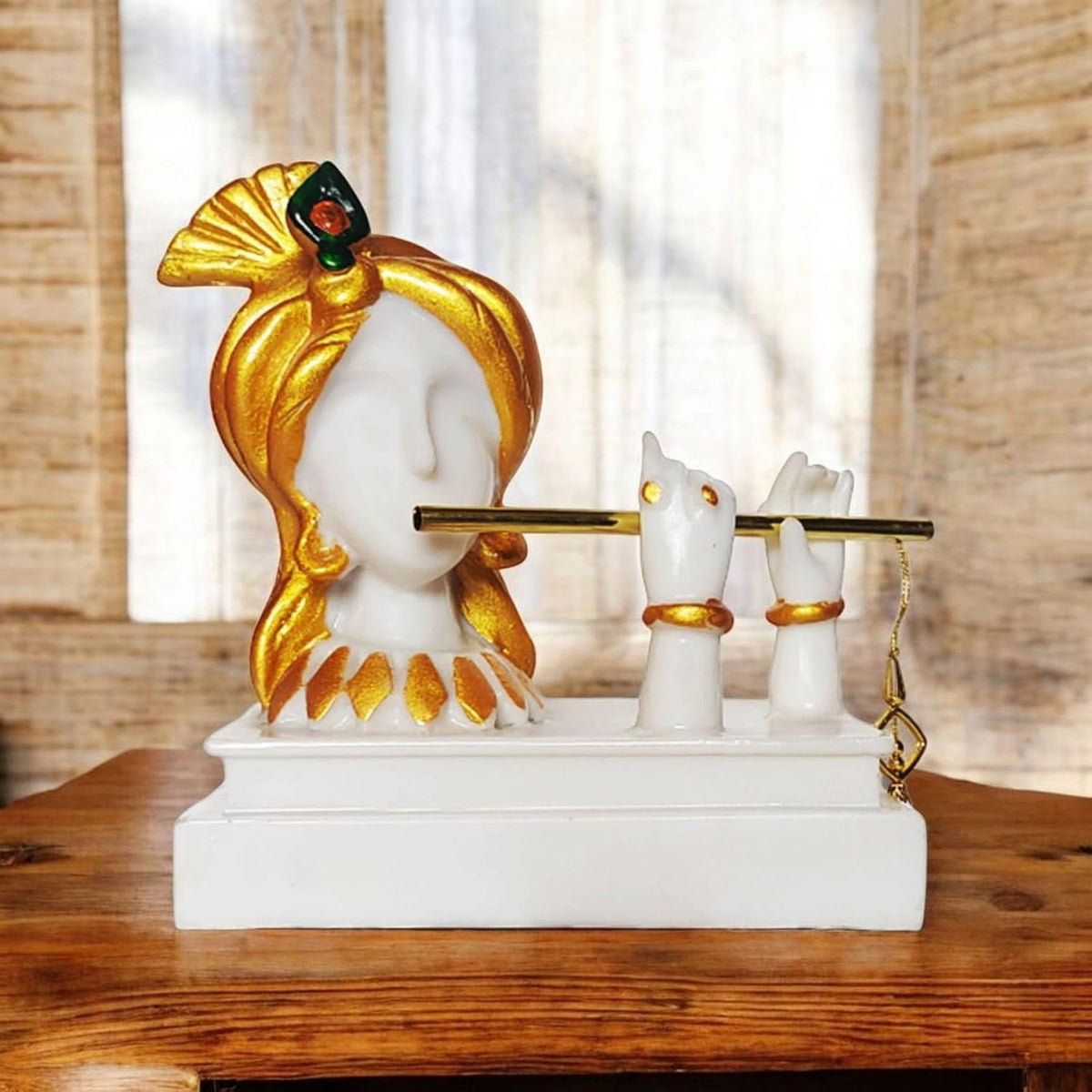 Decorative Krishna Idol Playing Flute Figurine, White and Gold Resin,Showpiece for Home Decor Living Room House Warming Gift Krishna Statue for Good Luck Wealth properity19x11x19 cm