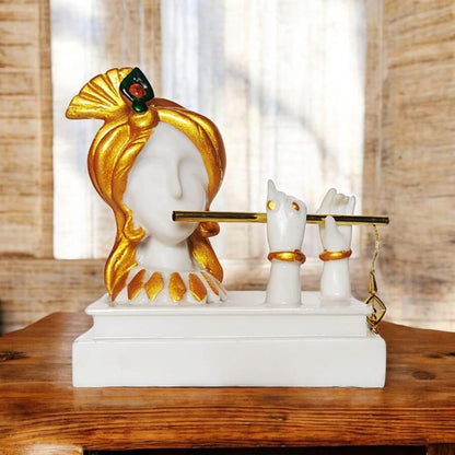 Decorative Krishna Idol Playing Flute Figurine, White and Gold Resin,Showpiece for Home Decor Living Room House Warming Gift Krishna Statue for Good Luck Wealth properity19x11x19 cm