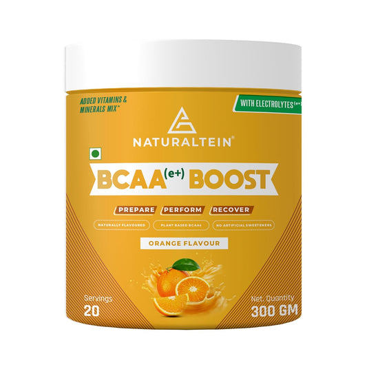 Yellow container of Naturaltein BCAA Boost with orange flavor on a white background