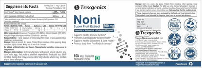 Trexigenics Noni supplement label with branding and certification logos.