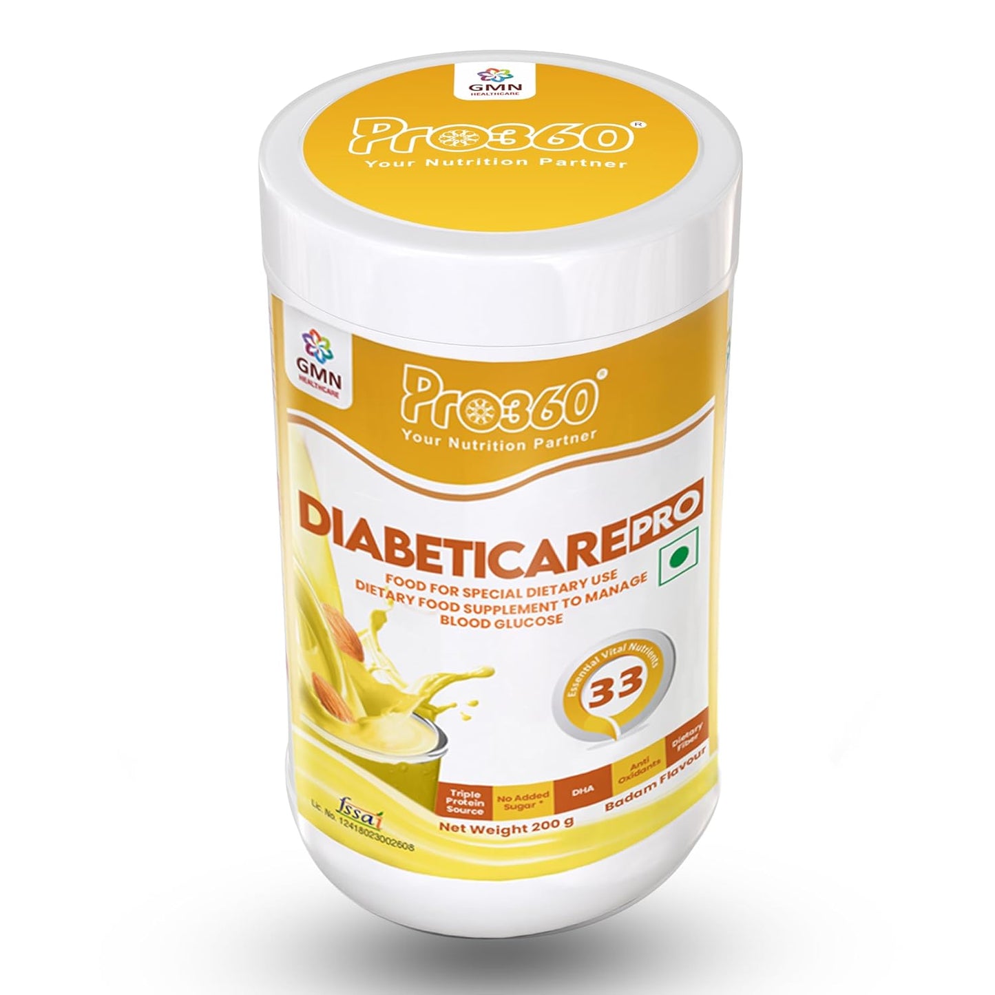 Pro360 Diabeticare Pro Protein Powder for Diabetes - Nutrition Supplement for Diabetic Care - Helps in Managing Blood Sugar Levels - Zero Added Sugar - Badam Flavour 200g Jar