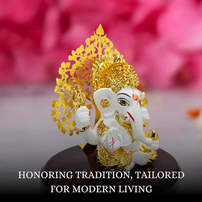 24k Gold Plated Kalpavrikshya Tree Ganesh Idol Ganpati Murti for Car Dashboard, Office Desk, Hindu God Gift & Home Decor - Resin (White)