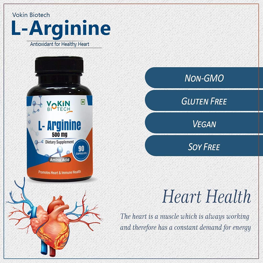 Vokin Biotech L-Arginine supplement bottle with product details on a light gray background