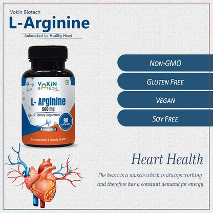 Vokin Biotech L-Arginine supplement bottle with product details on a light gray background