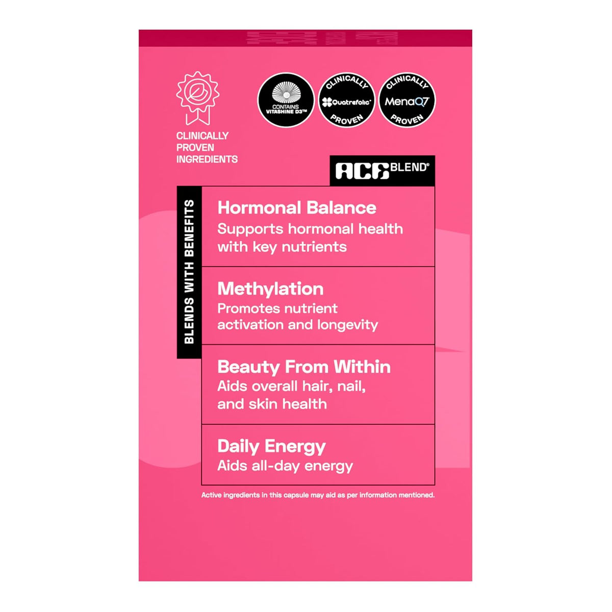 Ace Blend Multivitamin Capsules for Women | Pack of 60 | With Iron & Methylated Multivitamin | 19 Essential Nutrients with Quatrefolic, MenaQ7 K2 & Vitashine D3 | Supports Hormonal Balance & Immunity