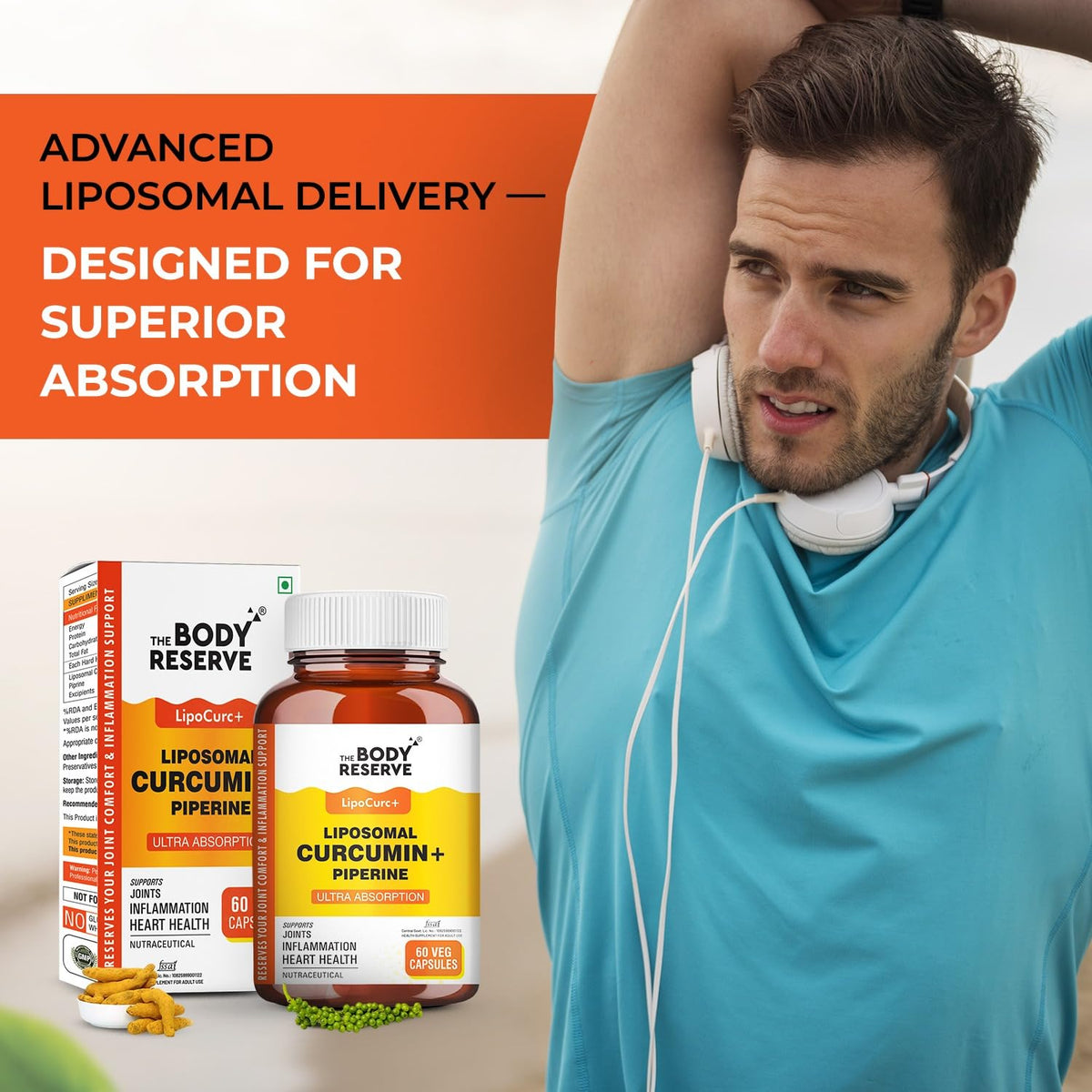 Man exercising with 'The Body Reserve' liposomal curcumin+ pipering supplements in the foreground.