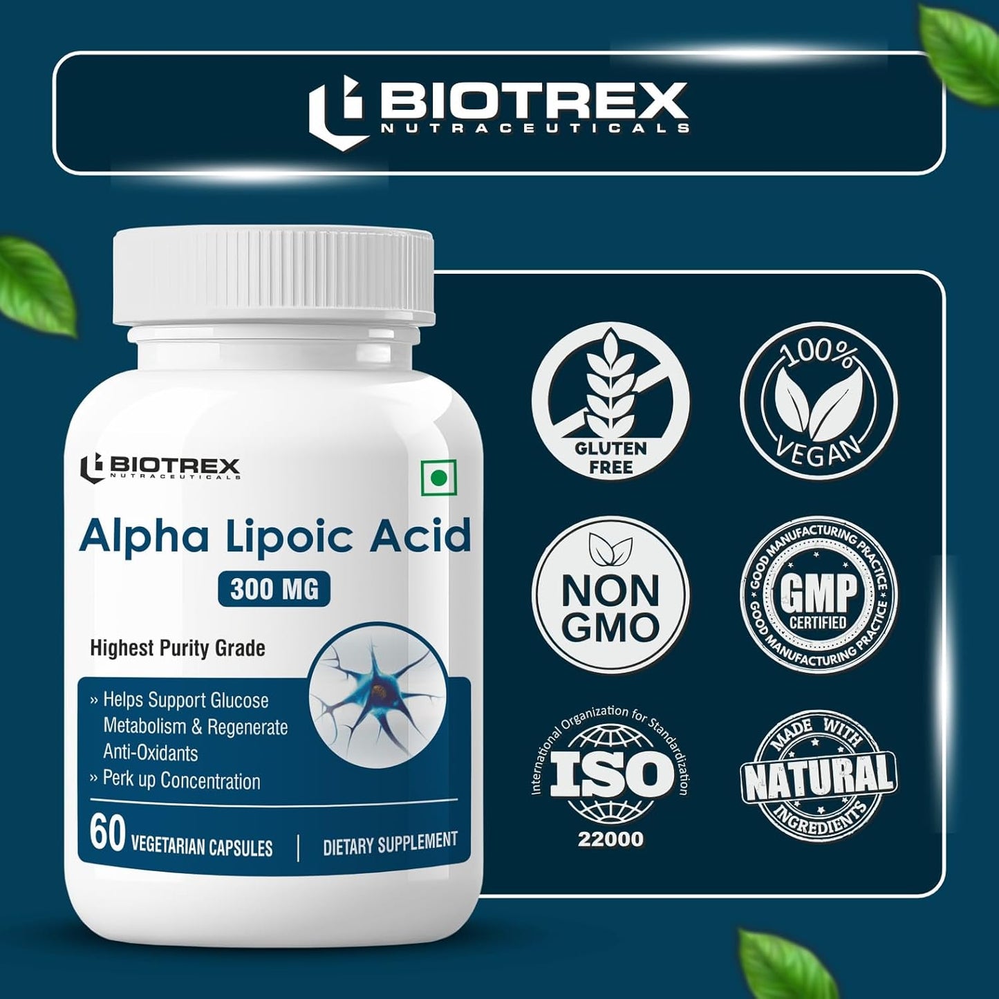 Biotrex Nutraceuticals Alpha Lipoic Acid (ALA) 300mg | Supports Cognitive & Nerve Health | Potent Antioxidant | Healthy Liver & Skin Health | Immunity | Energy & Metabolism | Non GMO | 60 Veg Capsules