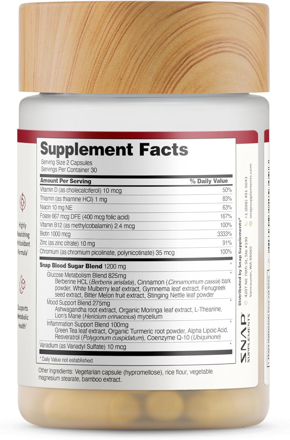 Supplement container with a wooden lid and supplement facts label.