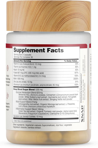 Supplement container with a wooden lid and supplement facts label.