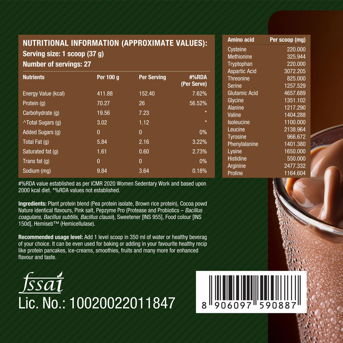 Fast&Up Plant Protein Powder with Rich Chocolate Flavour | Pea Isolate & Rice Protein | 26gm Protein Per Serve | Complete Amino Acids with 4.6g BCAA | Smooth & Tasty with No Added Sugar | Easy to Digest | Tested & Certified, 1kg Pouch