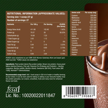 Fast&Up Plant Protein Powder with Rich Chocolate Flavour | Pea Isolate & Rice Protein | 26gm Protein Per Serve | Complete Amino Acids with 4.6g BCAA | Smooth & Tasty with No Added Sugar | Easy to Digest | Tested & Certified, 1kg Pouch
