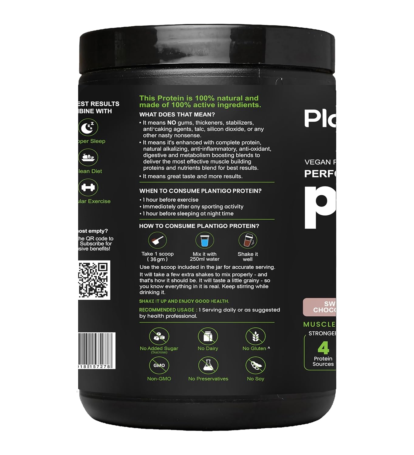 Black container of Planto protein powder with text and branding on a white background