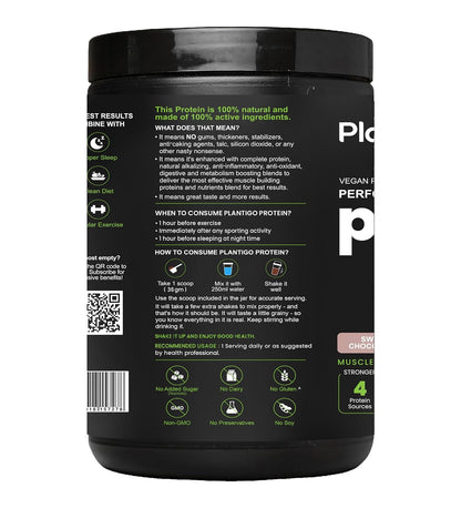 Black container of Planto protein powder with text and branding on a white background