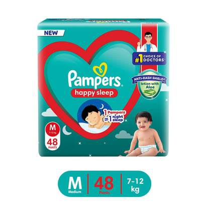 Pampers Happy Sleep Pant Style Baby Diapers, Medium (M), 48 Count, 1 Pampers = 1 Night Sleep, with Anti Rash Shield, 7-12 Kg Diapers