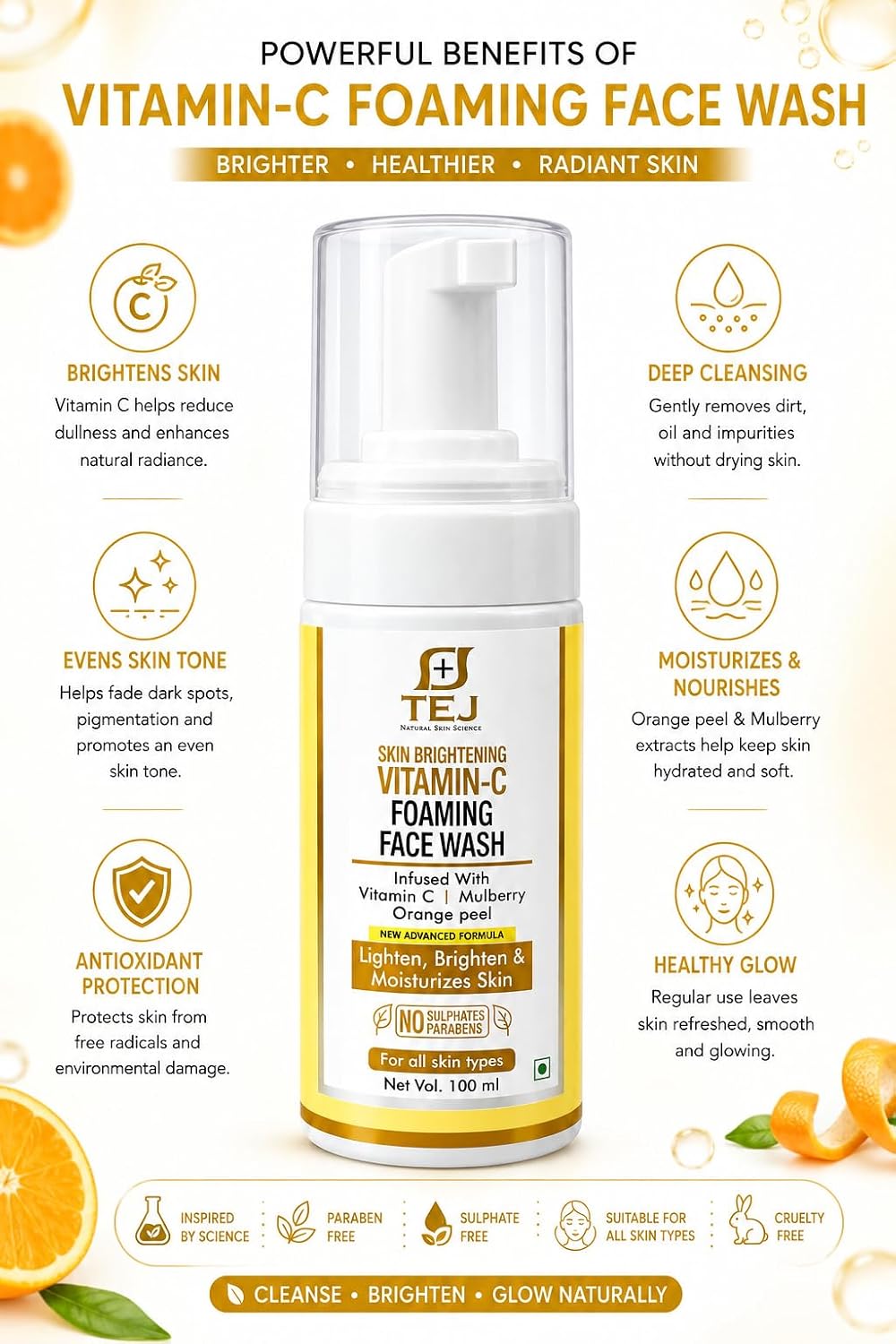 TEJ BEAUTY CARE Vitamin C Foaming Face Wash for Gentle Facial Cleansing Brightening and Natural Glow | Daily Refreshing Foam Cleanser for Soft Hydrated Complexion (100 ml)