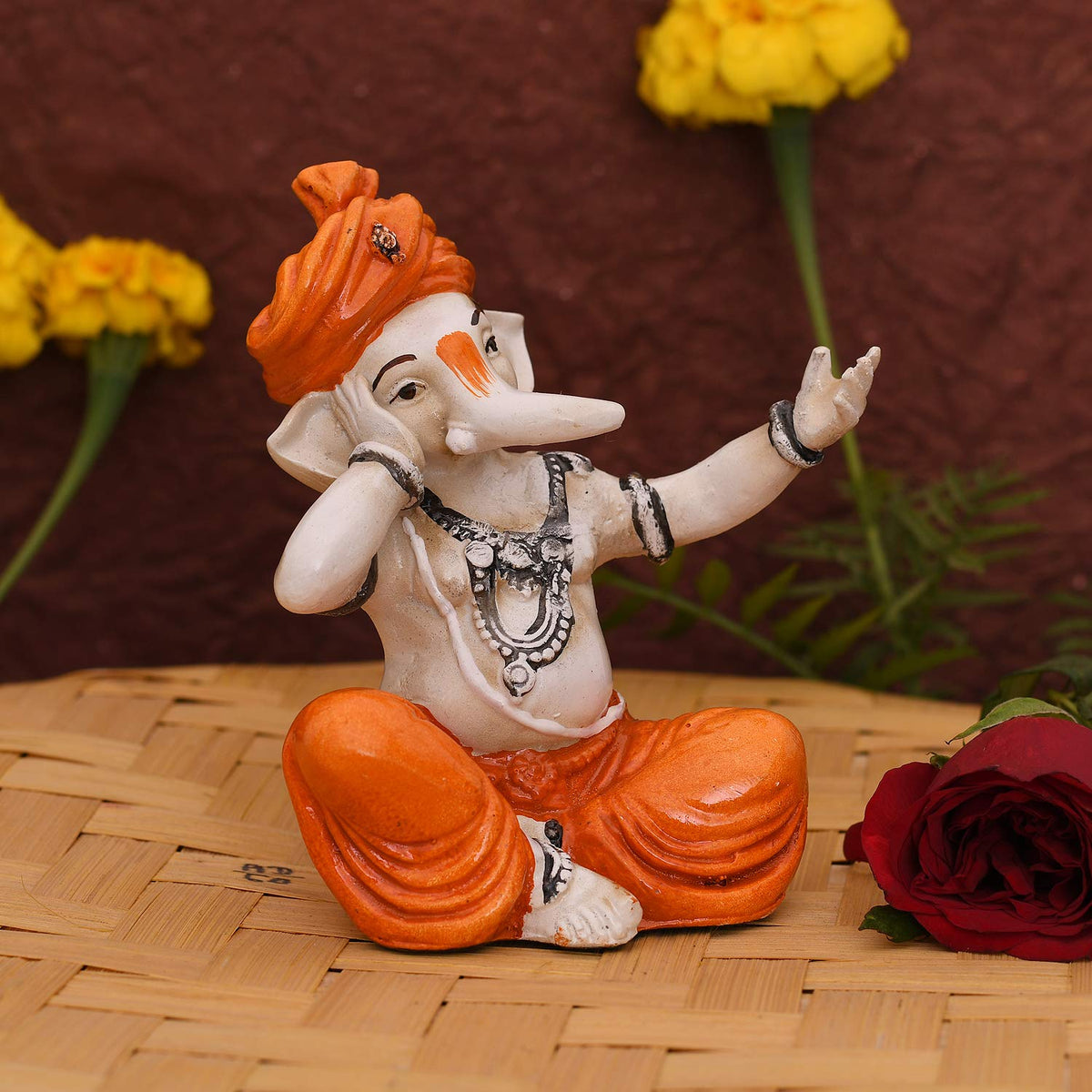 Polyresin Lord Musical Ganesh Statue, 5 x 3 x 2 Inches, Multicolor